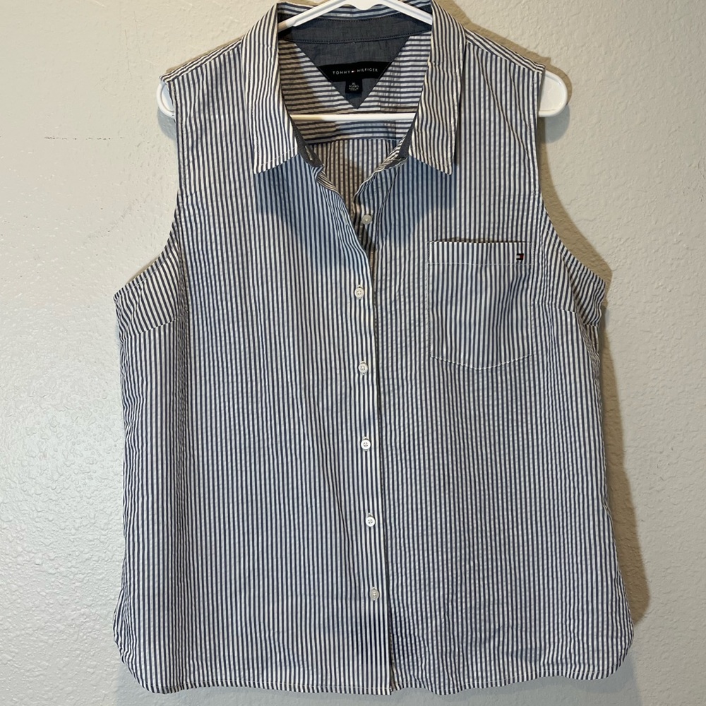 Tommy Hilfiger Classic Blue and White Pinstripe Sleeveless Blouse XL